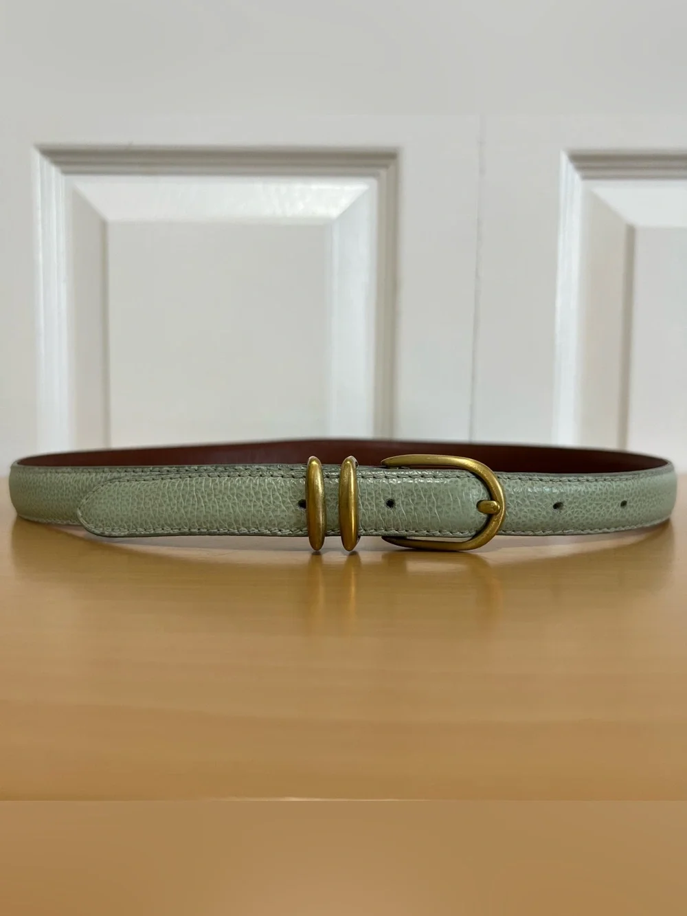 Coach Women’s Light Green Slim Leather Belt Solid Brass Buckle Italy Size Medium